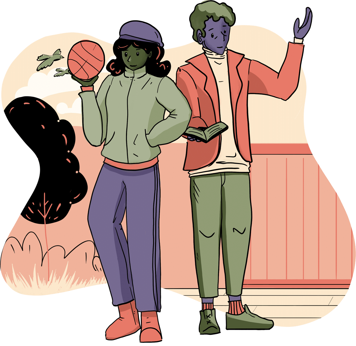 A woman holding a basketball standing new to a man