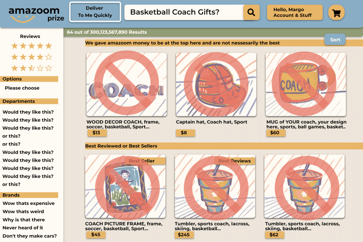 cartoon screenshot of bad Amazon gift options for baseball coaches
