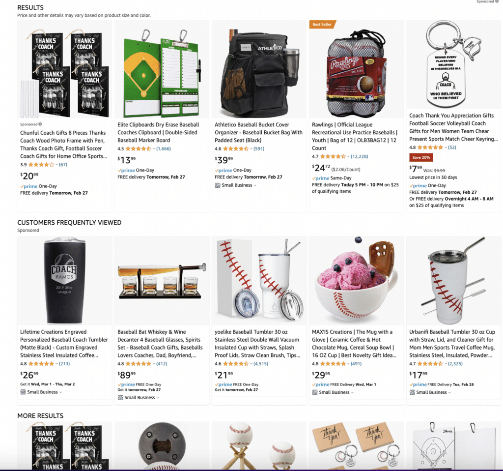 Screenshot of Amazon product offerings for baseball coach gifts, including baseball-related paraphernalia