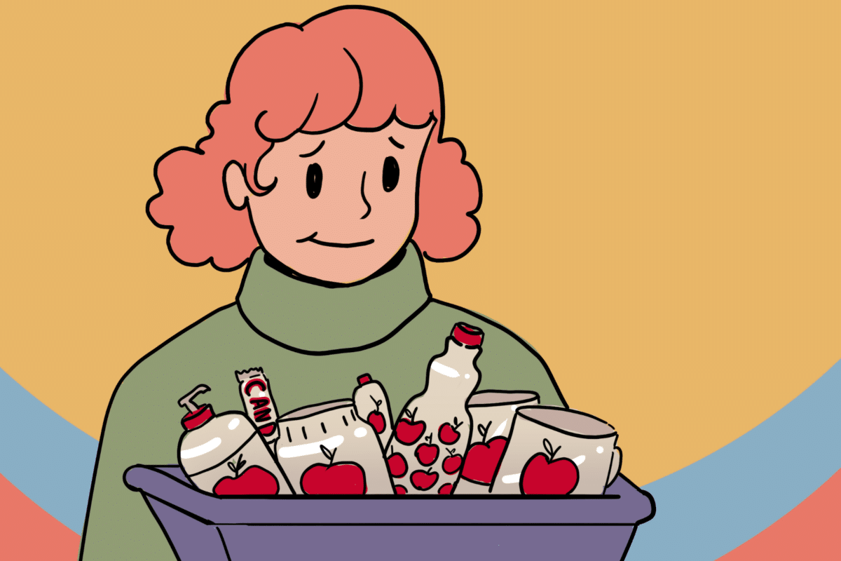 Cartoon teacher with a disappointed face while holding a basket full of bad teacher gifts.