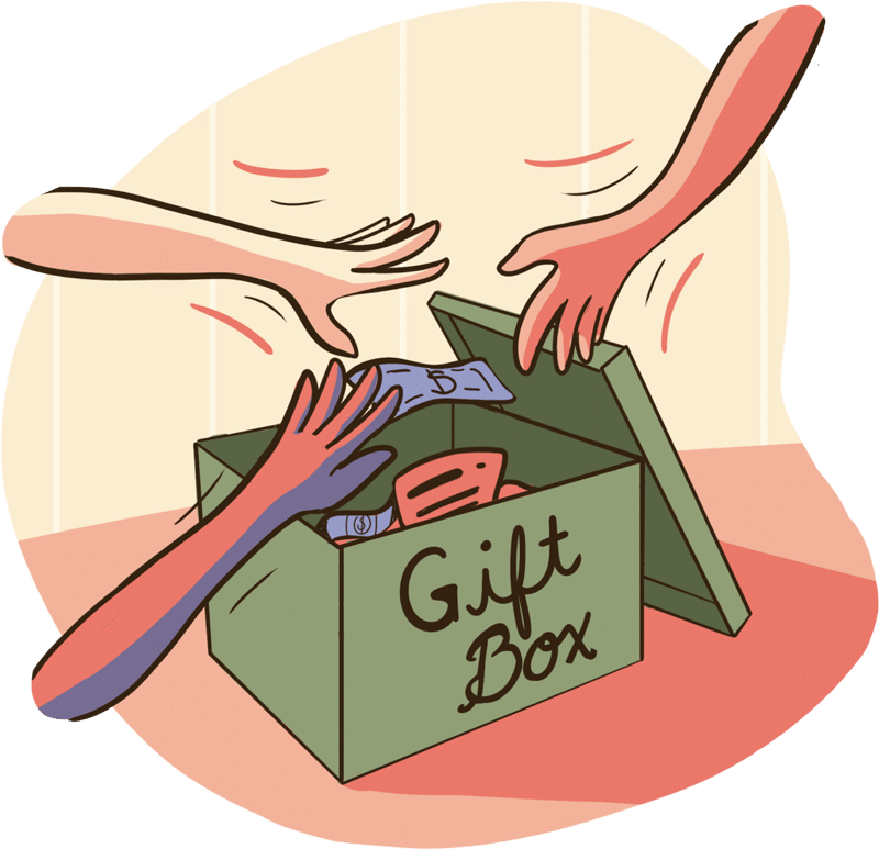Cartoon image of three hands putting money into a cardboard gift box for collecting money for a gift